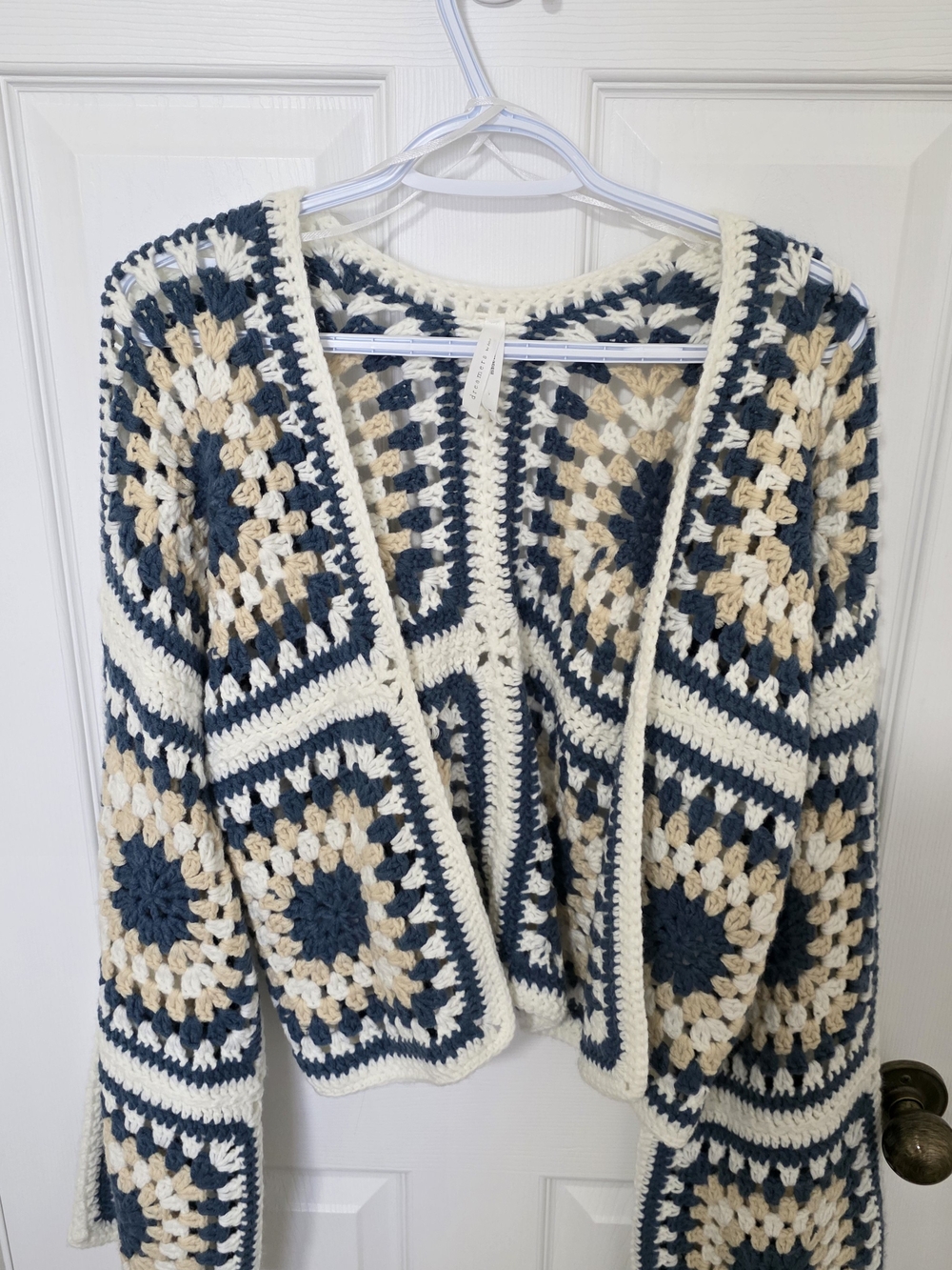 Dreamers Womens Crochet Square Cardigan Sweater - Navy, Cream, Beige
